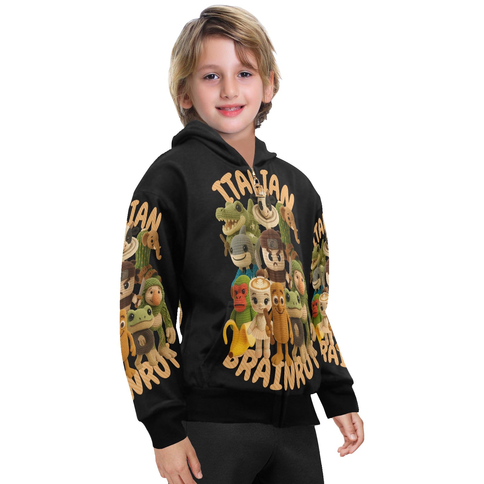 Italian Brainrot Big Boys’ Zip-Up Hoodie | Trendy Street Core Zip Hoodie for Kids | Youth Graphic Hoodie