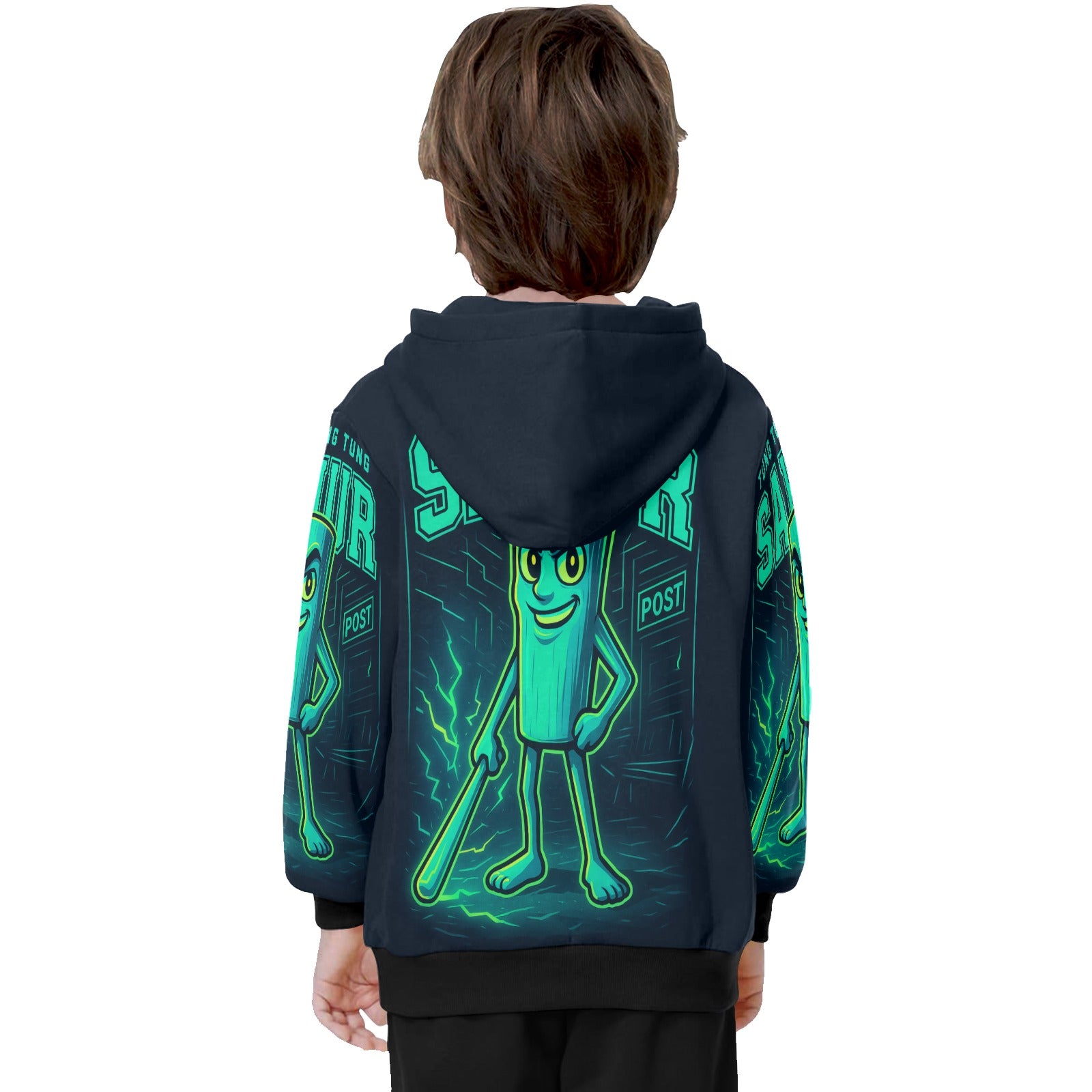 Youth Long Sleeve Hoodie | Italian Brainrot Design | Neon Tung Tung Tung Sahur