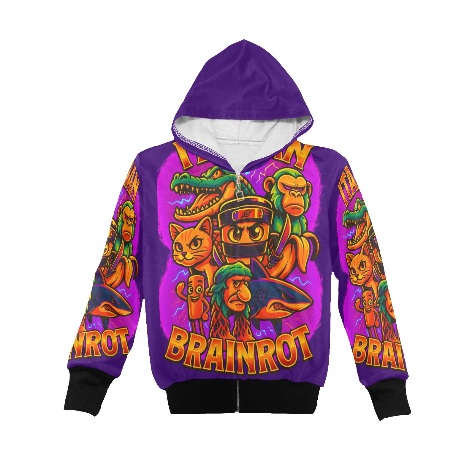 Italian Brainrot Big Boys’ Zip-Up Hoodie | Trendy Street Core Zip Hoodie for Kids | Youth Graphic Hoodie