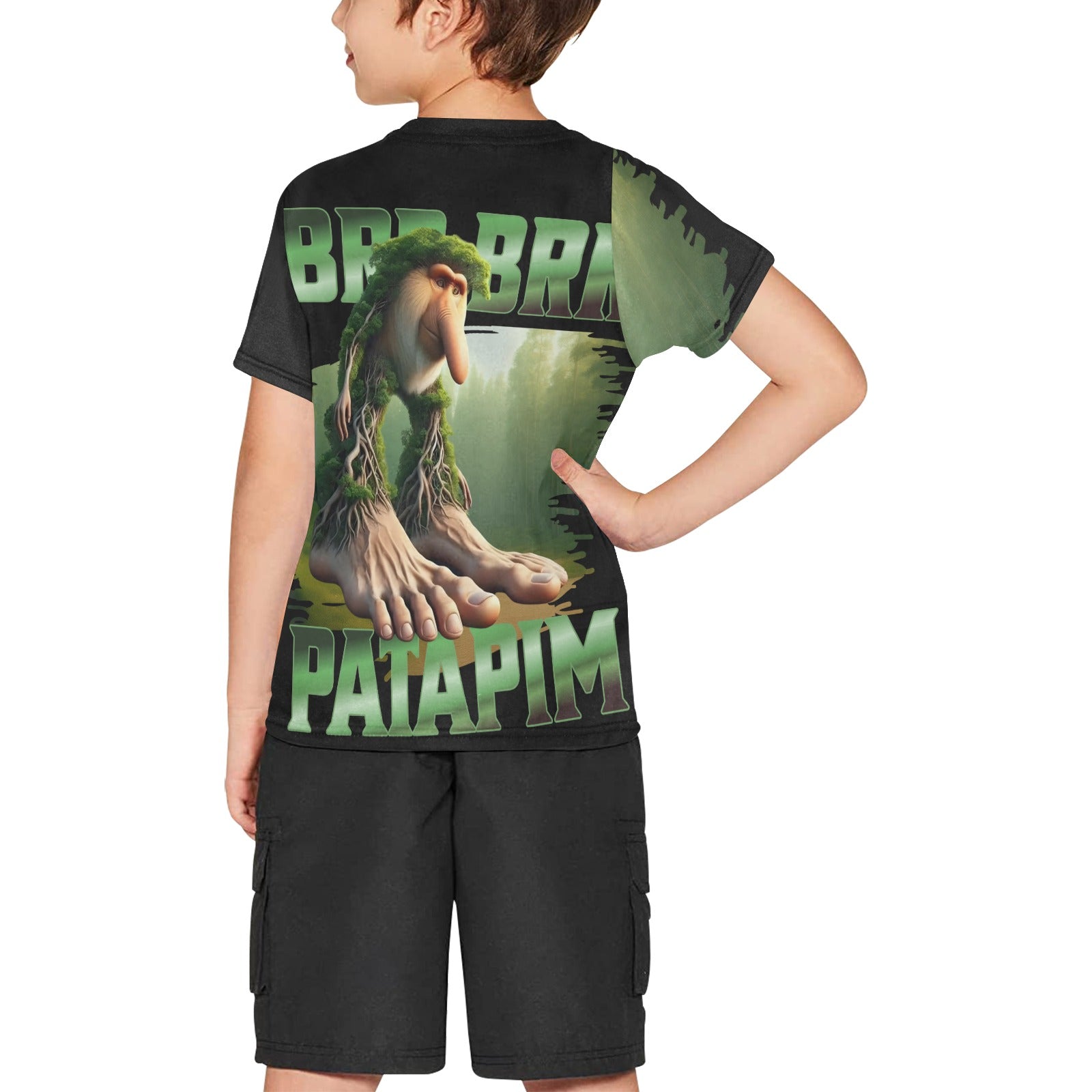 Italian Brainrot Graphic Tee for Kids | All Over Print Crew Neck Shirt | Big Boys | Brr Brr Patapim