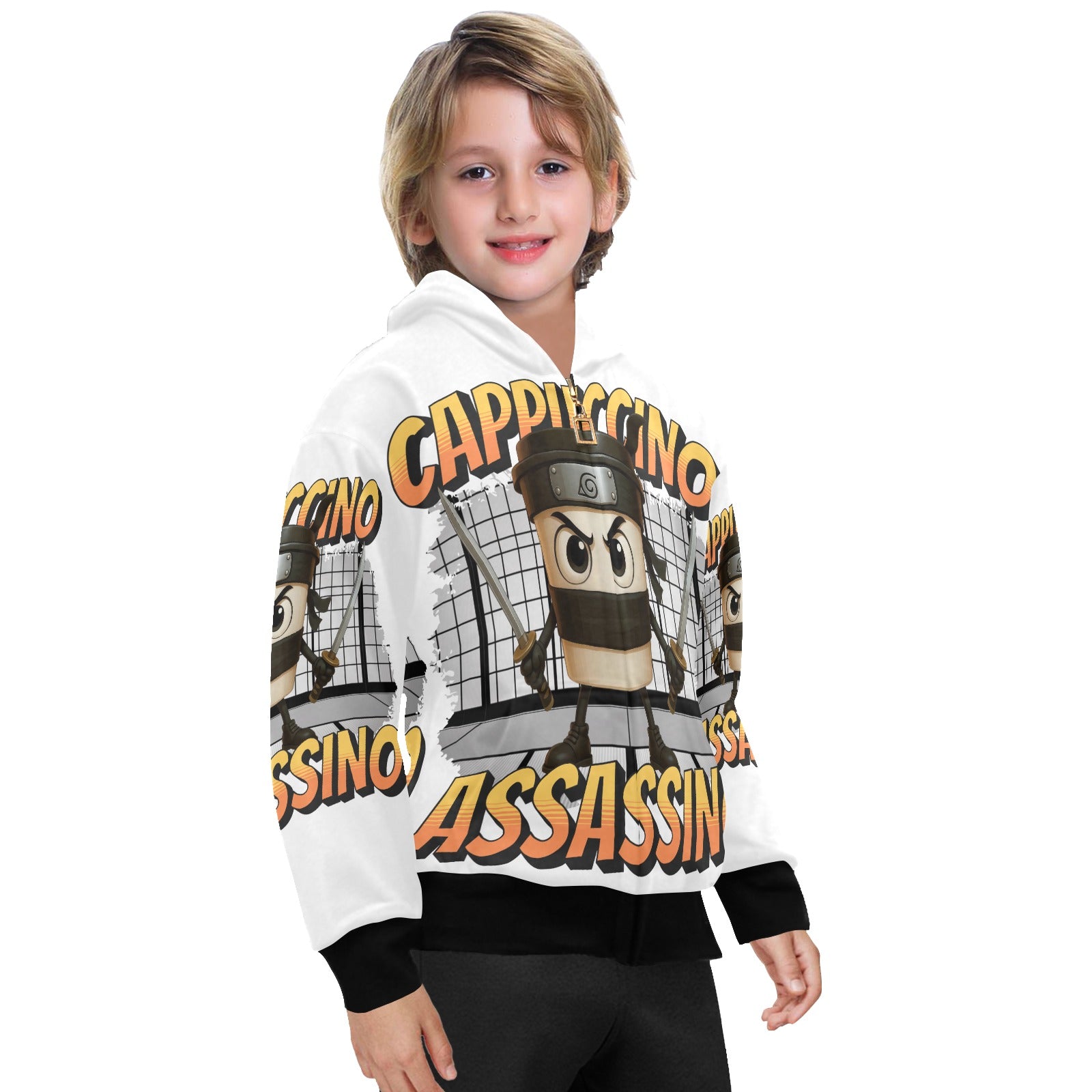 Italian Brainrot Big Boys’ Zip-Up Hoodie | Cappuccino Assassino | Trendy Street Core Zip Hoodie for Kids | Youth Graphic Hoodie