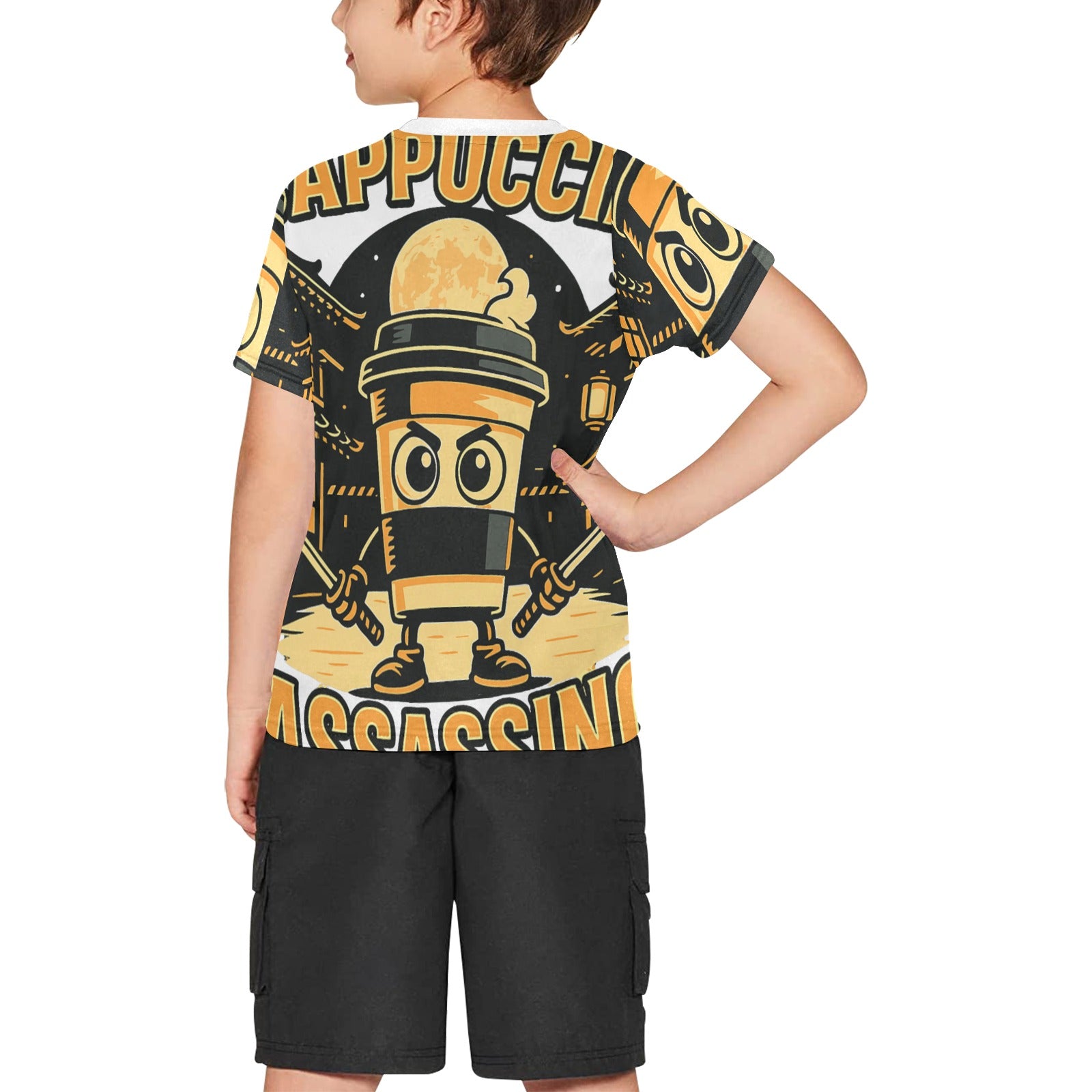 Italian Brainrot Graphic Tee for Kids | All Over Print Crew Neck Shirt | Big Boyz | Cappuccino Assassino