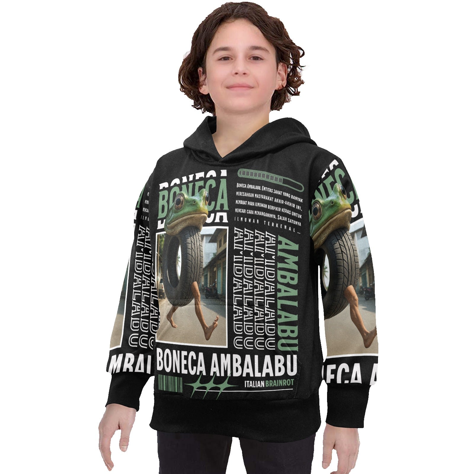 Youth Long Sleeve Hoodie | Italian Brainrot Design | Boneca Ambalabu
