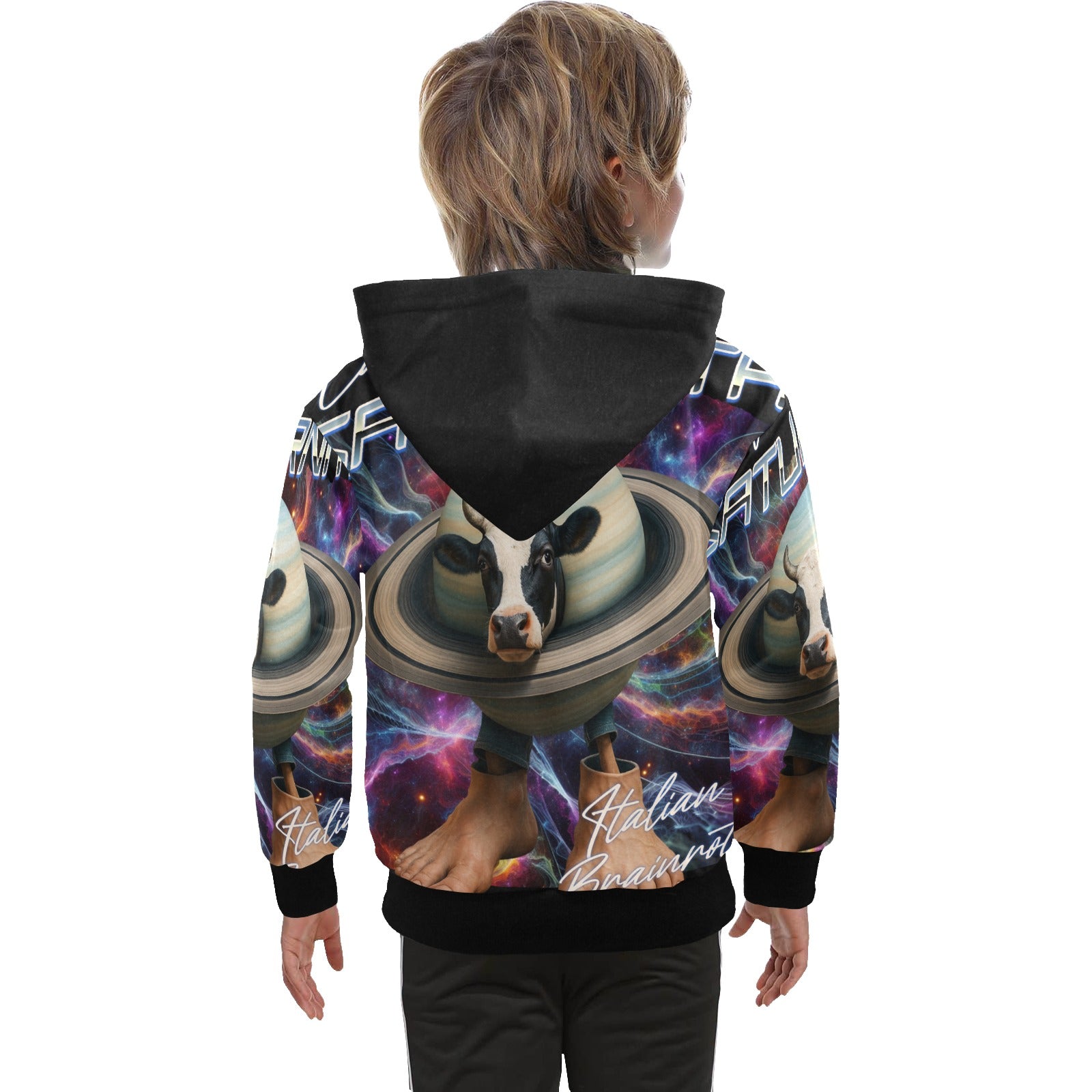 Italian Brainrot Big Boys’ Zip-Up Hoodie | Trendy Street Core Zip Hoodie for Kids | Youth Graphic Hoodie | La Vacca Saturno Saturnita