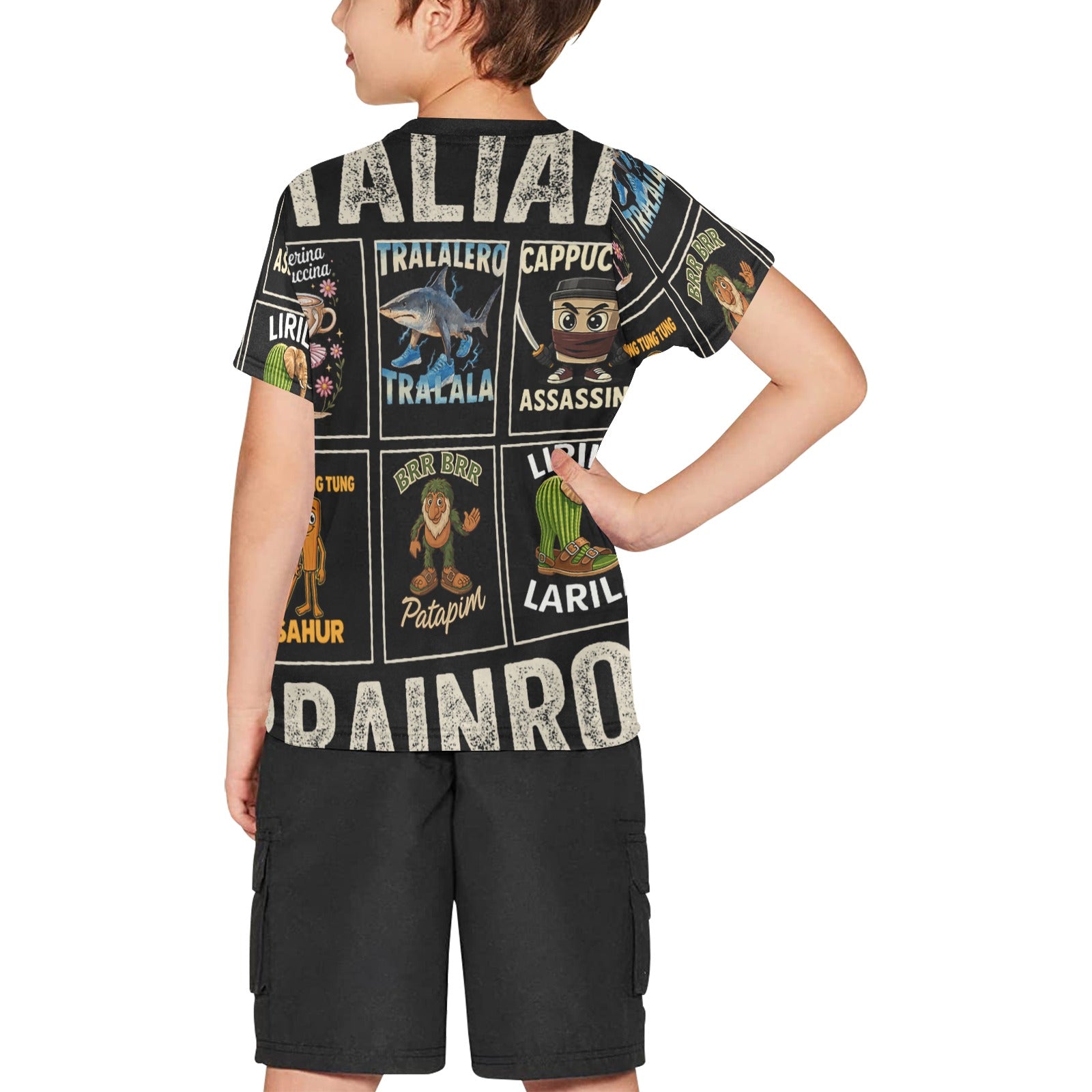 Italian Brainrot Graphic Tee for Kids | All Over Print Crew Neck Shirt | Big Boys