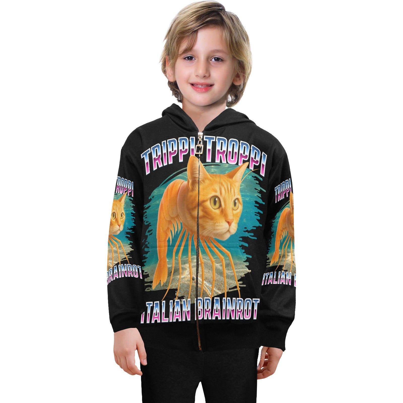 Italian Brainrot Big Boys’ Zip-Up Hoodie | Trendy Street Core Zip Hoodie for Kids | Youth Graphic Hoodie | Trippi Troppi