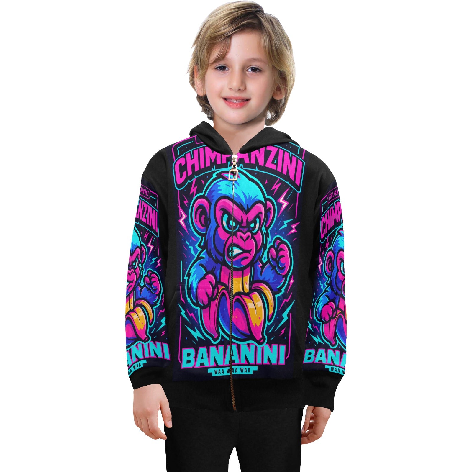 Italian Brainrot Big Boys’ Zip-Up Hoodie | Trendy Street Core Zip Hoodie for Kids | Youth Graphic Hoodie | Chimpanzini Bananini