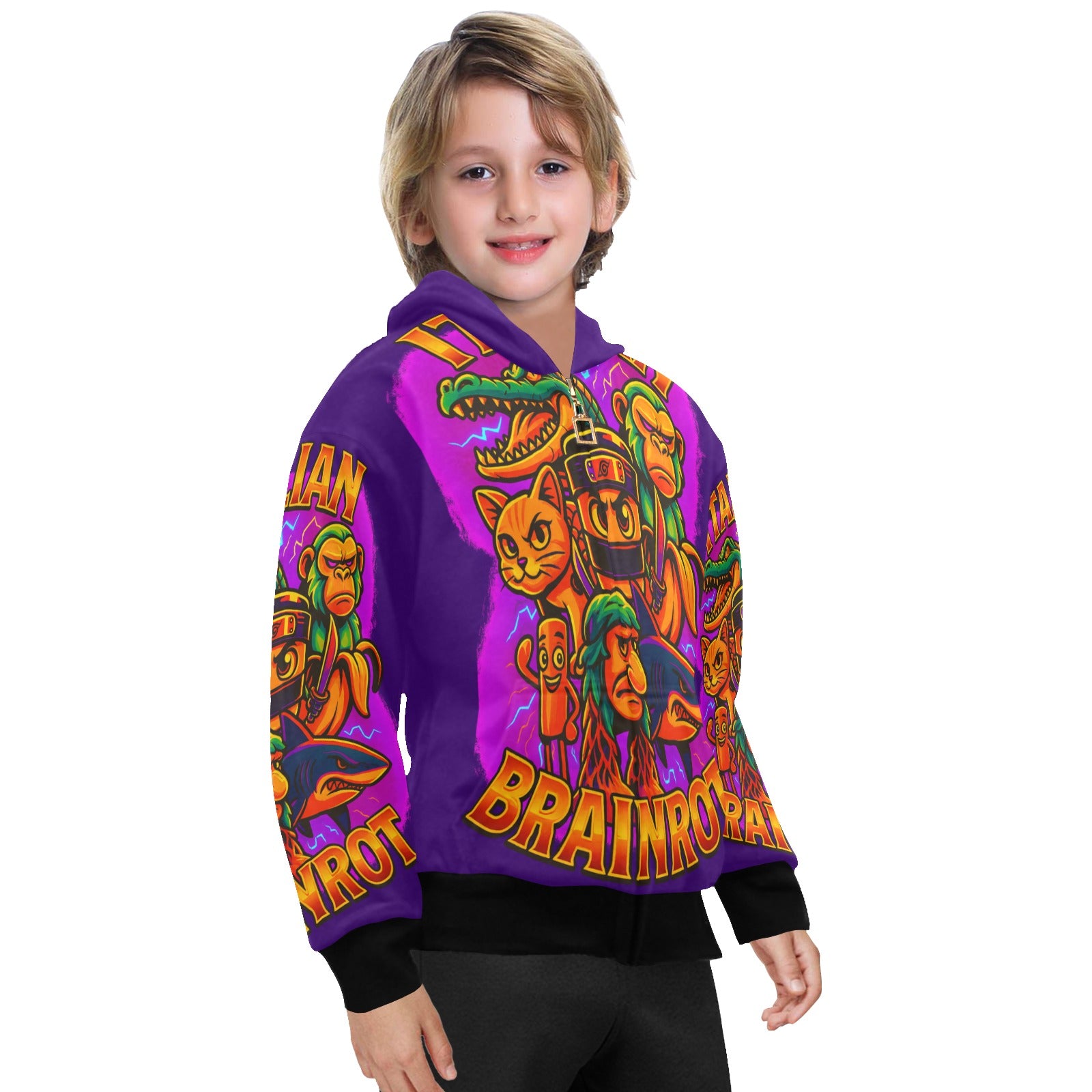Italian Brainrot Big Boys’ Zip-Up Hoodie | Trendy Street Core Zip Hoodie for Kids | Youth Graphic Hoodie