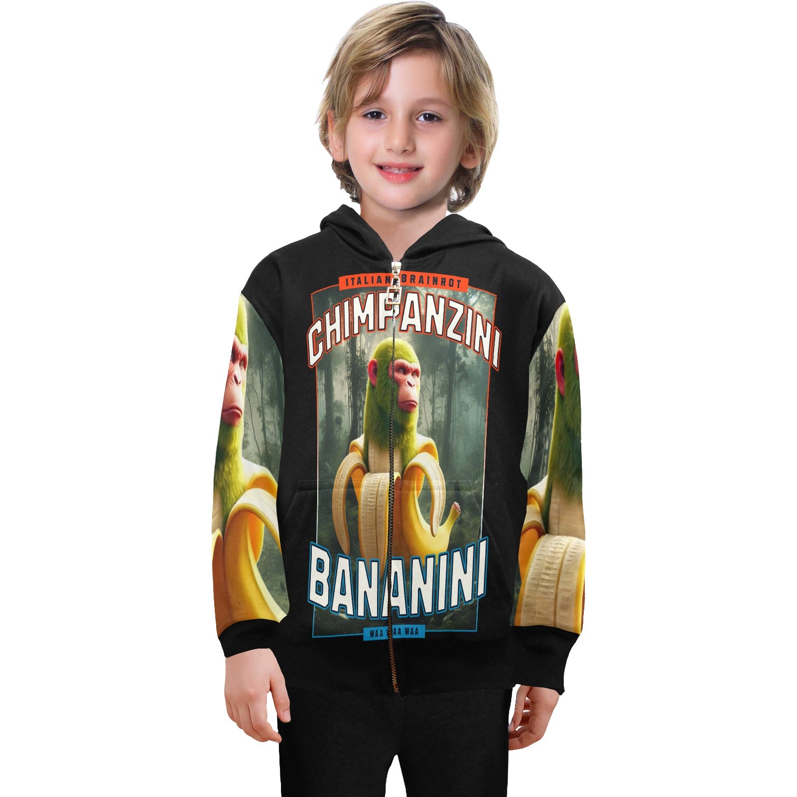 Italian Brainrot Big Boys’ Zip-Up Hoodie | Trendy Street Core Zip Hoodie for Kids | Youth Graphic Hoodie | Chimpanzini Bananini