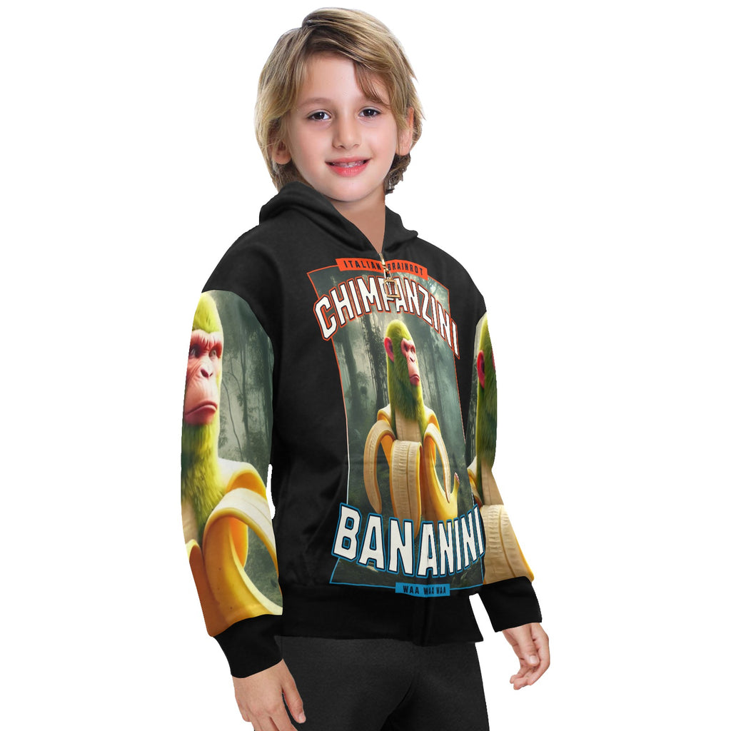 Italian Brainrot Big Boys’ Zip-Up Hoodie | Trendy Street Core Zip Hoodie for Kids | Youth Graphic Hoodie | Chimpanzini Bananini