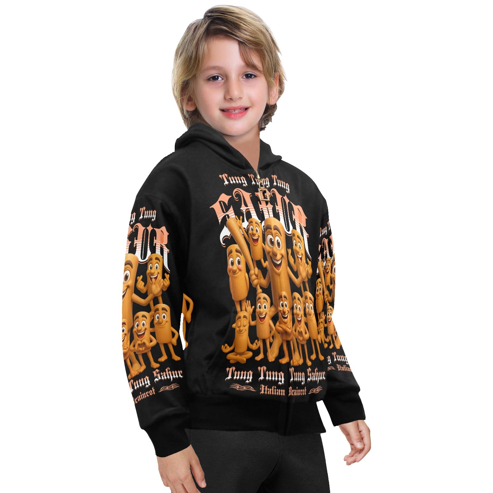 Italian Brainrot Big Boys’ Zip-Up Hoodie | Trendy Street Core Zip Hoodie for Kids | Youth Graphic Hoodie | Tung Tung Tung Sahur