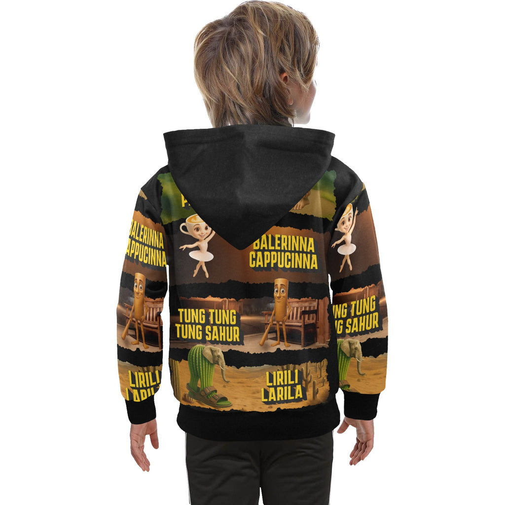 Italian Brainrot Big Boys’ Zip-Up Hoodie | Trendy Street Core Zip Hoodie for Kids | Youth Graphic Hoodie