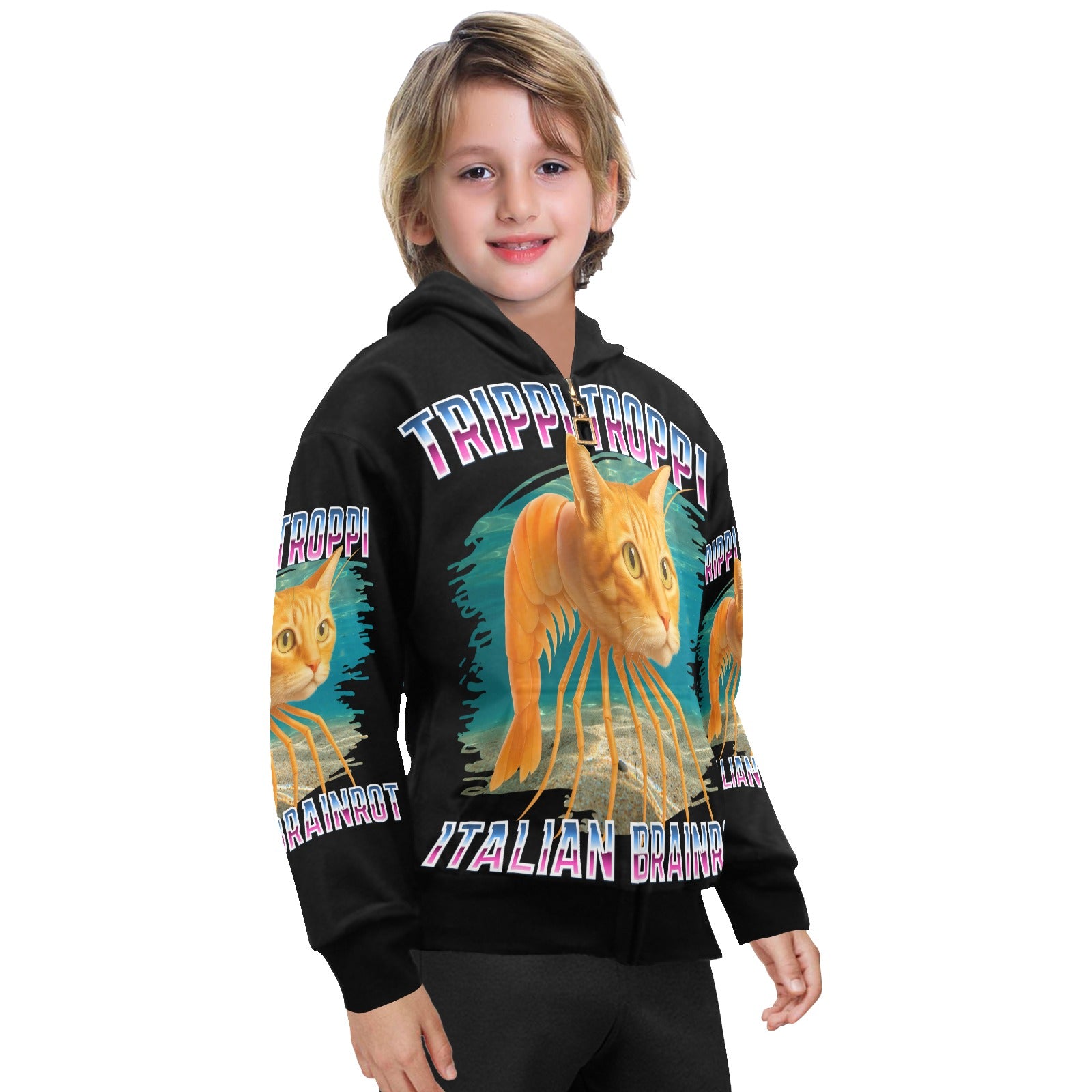 Italian Brainrot Big Boys’ Zip-Up Hoodie | Trendy Street Core Zip Hoodie for Kids | Youth Graphic Hoodie | Trippi Troppi