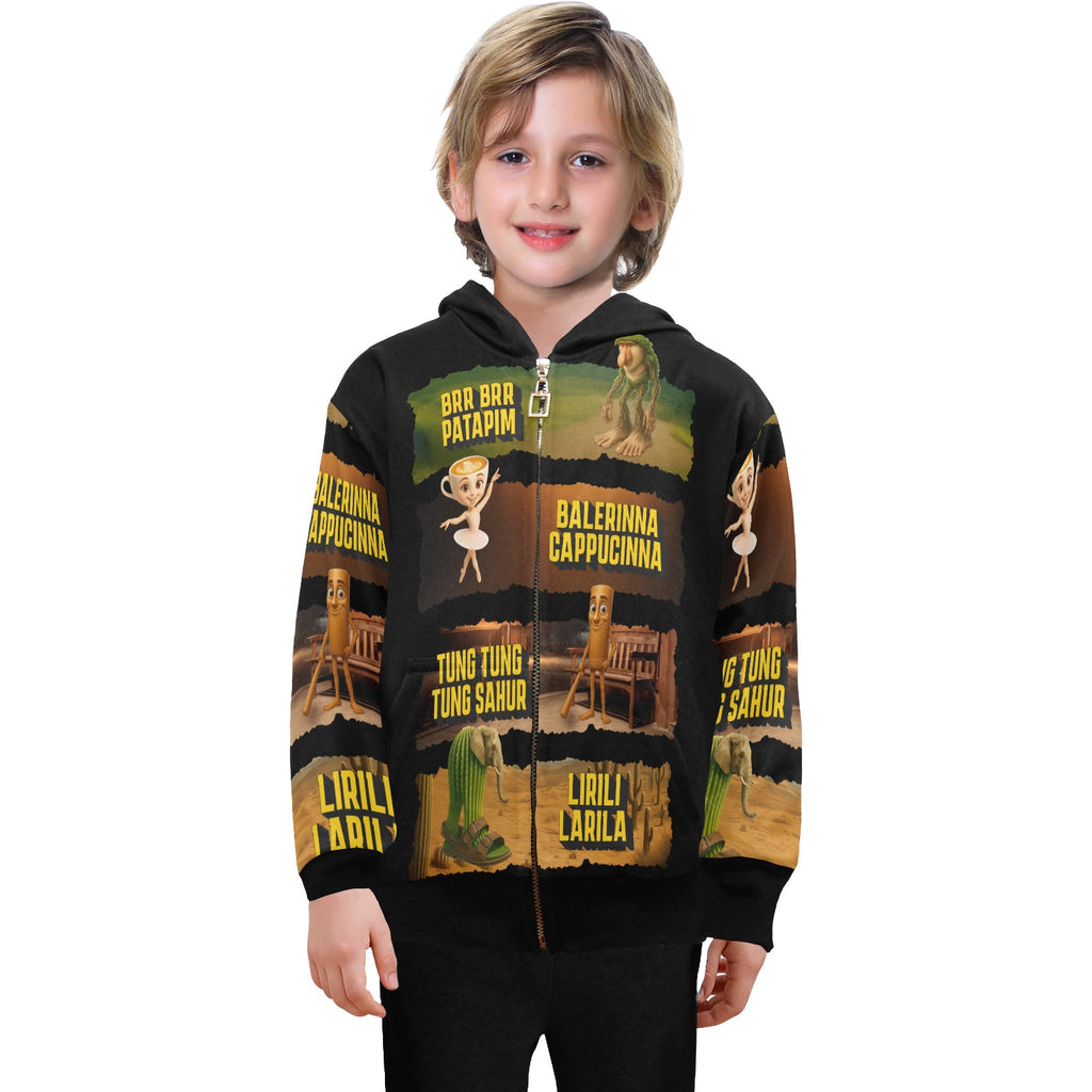 Italian Brainrot Big Boys’ Zip-Up Hoodie | Trendy Street Core Zip Hoodie for Kids | Youth Graphic Hoodie