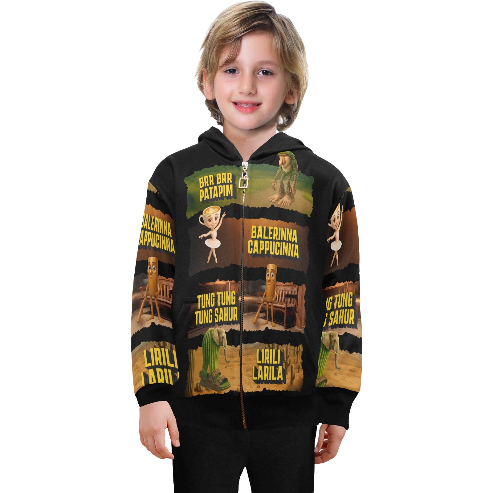 Italian Brainrot Big Boys’ Zip-Up Hoodie | Trendy Street Core Zip Hoodie for Kids | Youth Graphic Hoodie