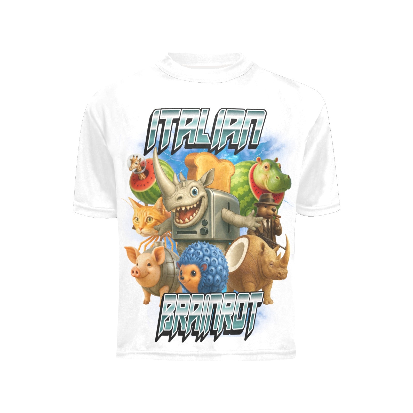 Italian Brainrot Graphic Tee for Kids | All Over Print Crew Neck Shirt | Big Boys