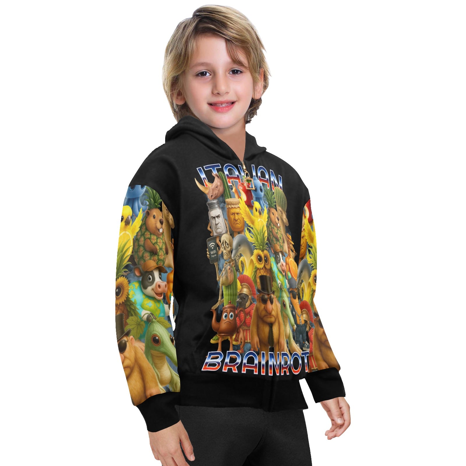 Italian Brainrot Big Boys’ Zip-Up Hoodie | Trendy Street Core Zip Hoodie for Kids | Youth Graphic Hoodie (Ages 8-15)