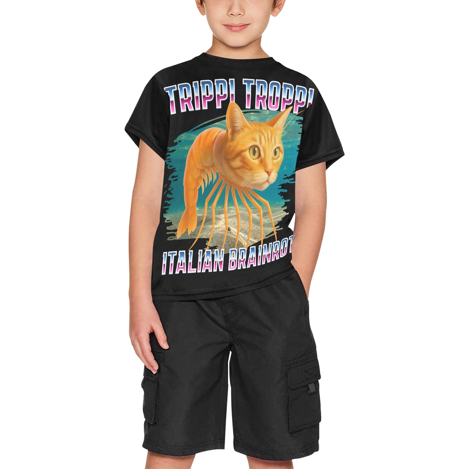 Italian Brainrot Graphic Tee for Kids | All Over Print Crew Neck Shirt | Big Boys | Trippi Troppi