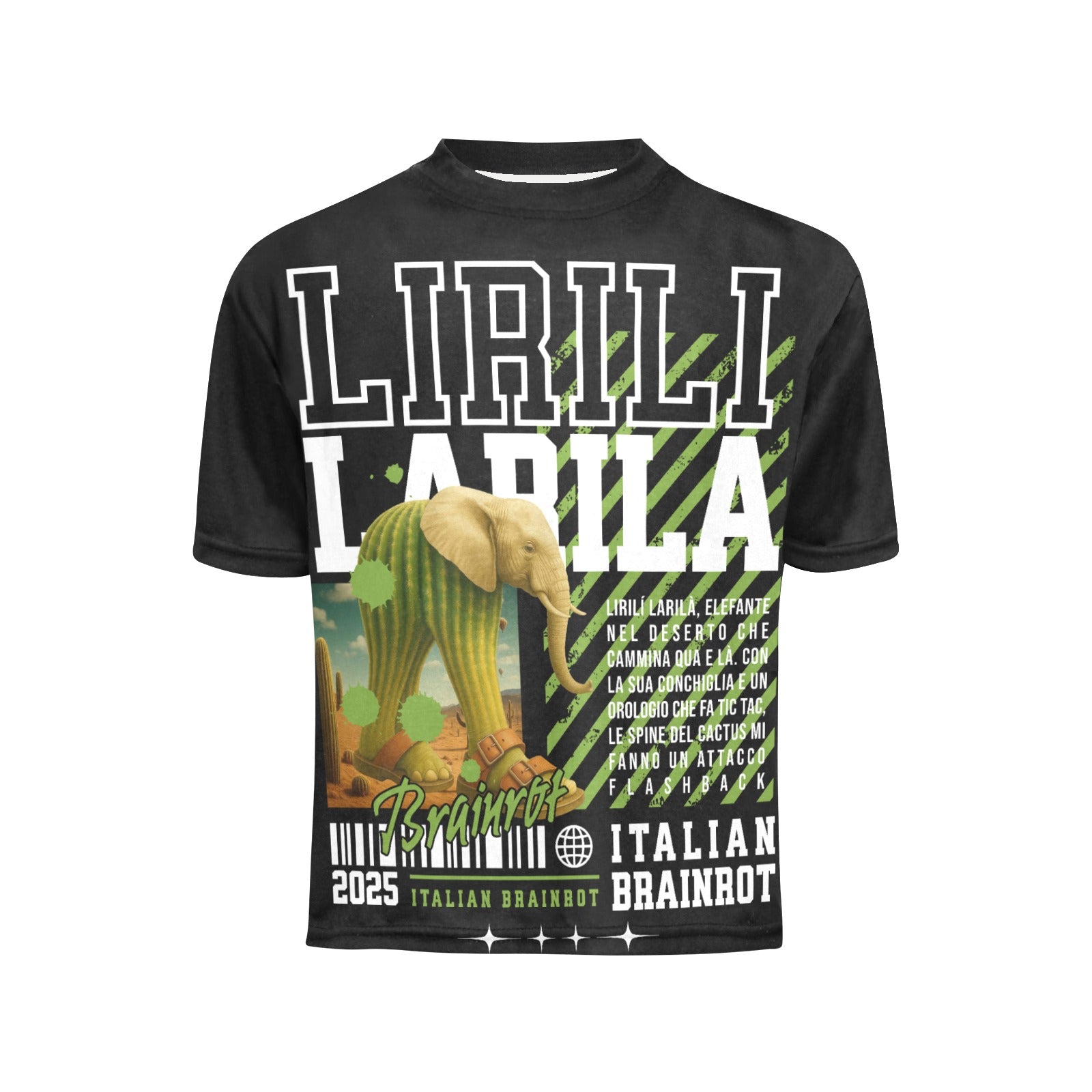 Italian Brainrot Graphic Tee for Kids | All Over Print Crew Neck Shirt | Big Boys | Lirili Lirila