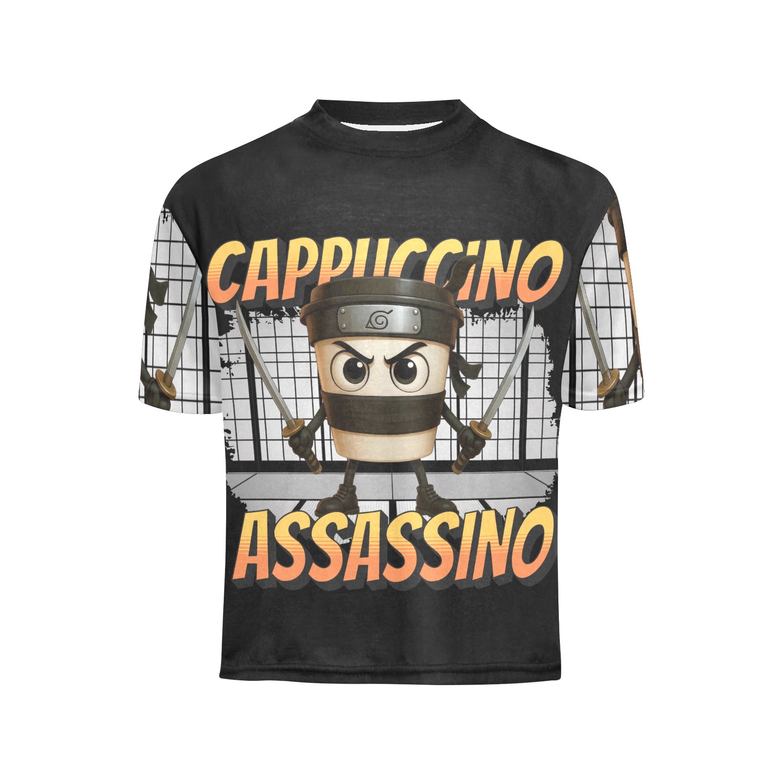 Italian Brainrot Graphic Tee for Kids | All Over Print Crew Neck Shirt | Big Boys | Cappuccino Assassino