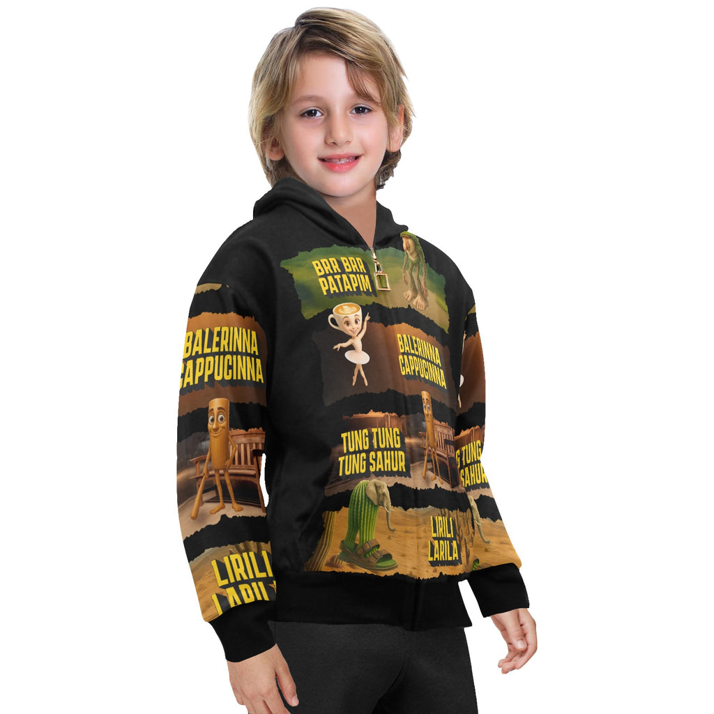 Italian Brainrot Big Boys’ Zip-Up Hoodie | Trendy Street Core Zip Hoodie for Kids | Youth Graphic Hoodie