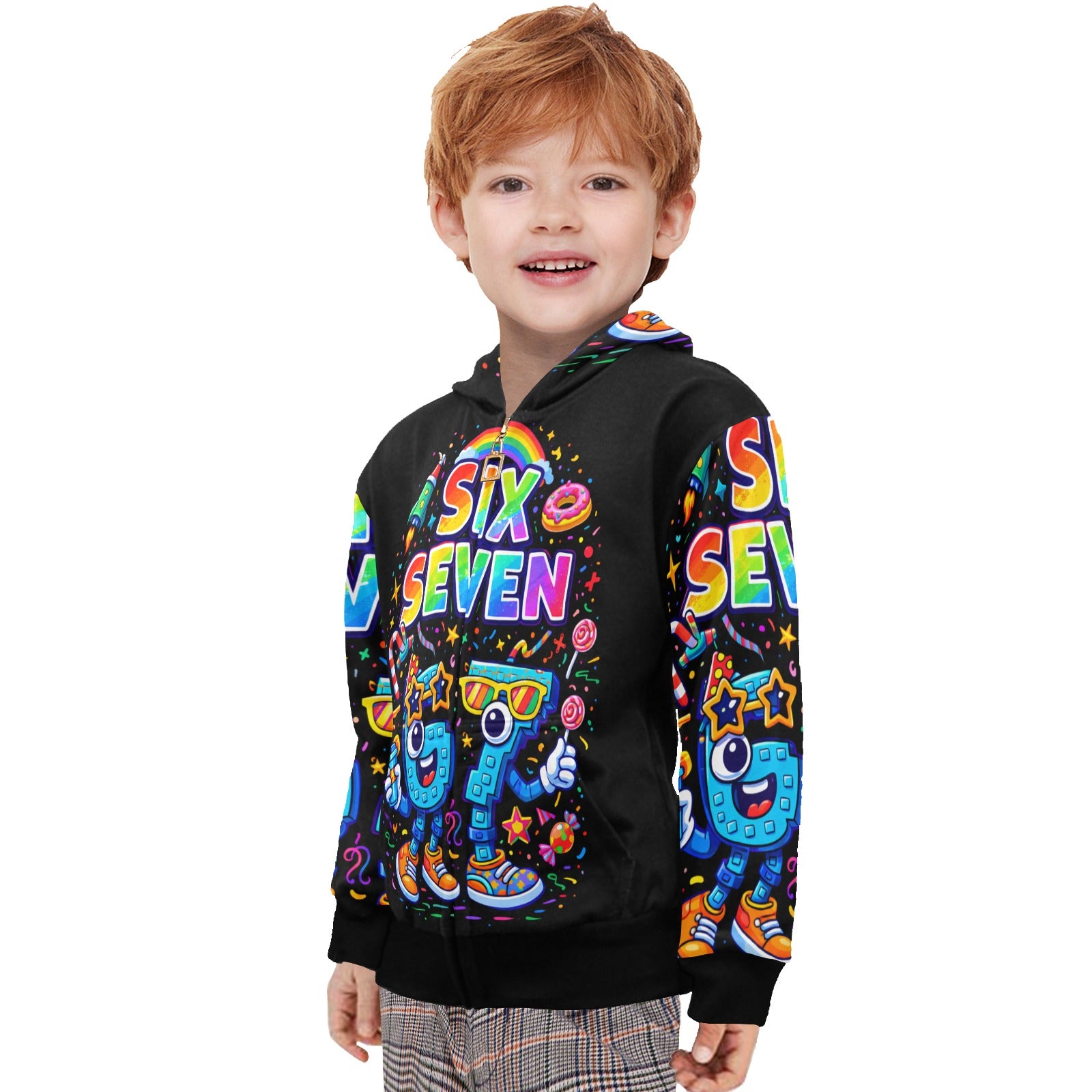 Little Boys Zip-Up Hoodie (Ages 2–7) | Six Seven Meme Core | 6 7 Colorful